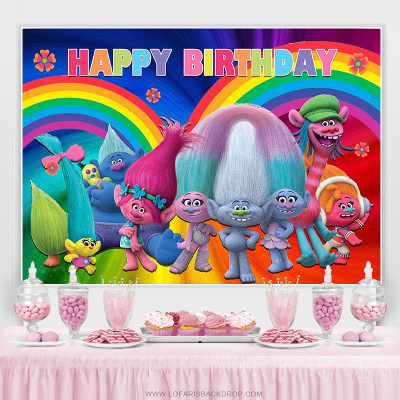 Rainbow Character Kids Happy Birthday Party Backdrop - Lofaris
