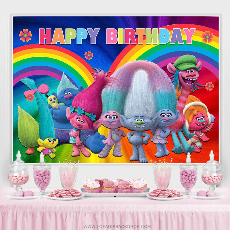 Rainbow Colorful Trolls Poppy Happy Birthday Backdrop – Lofaris