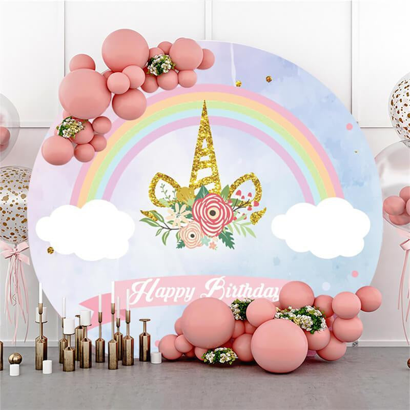 Lofaris Rainbow Floral Unicorn Circle Happy Birthday Backdrop