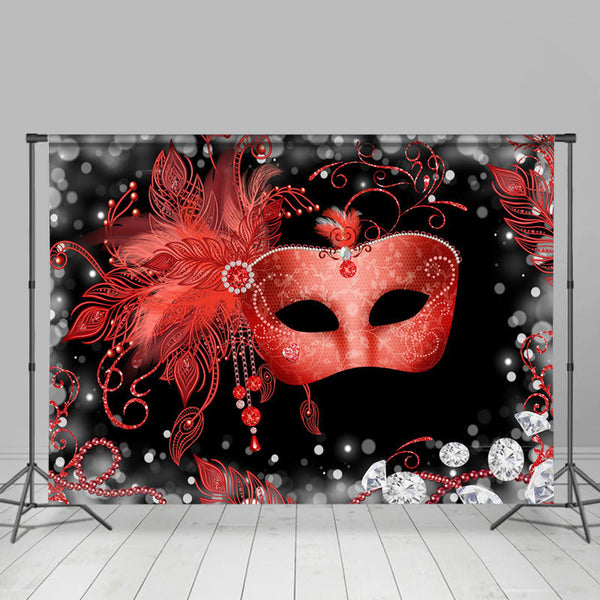 Lofaris Gold and Black Mask Backdrop Masquerade Dress-Up Party Background for Photography White Feather Red Curtain Backdrop Photo Booth Props