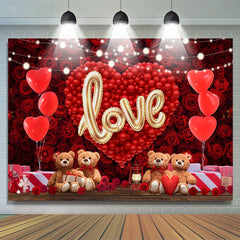Lofaris Red Ballon And Floral Teddy Bear Valentines Backdrop