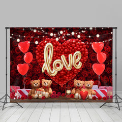 Lofaris Red Ballon And Floral Teddy Bear Valentines Backdrop