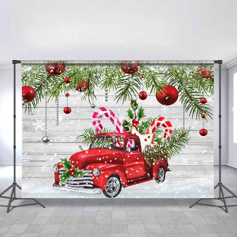 Lofaris Red Car And Chrismas Party Ball Glitter Wood Backdrop