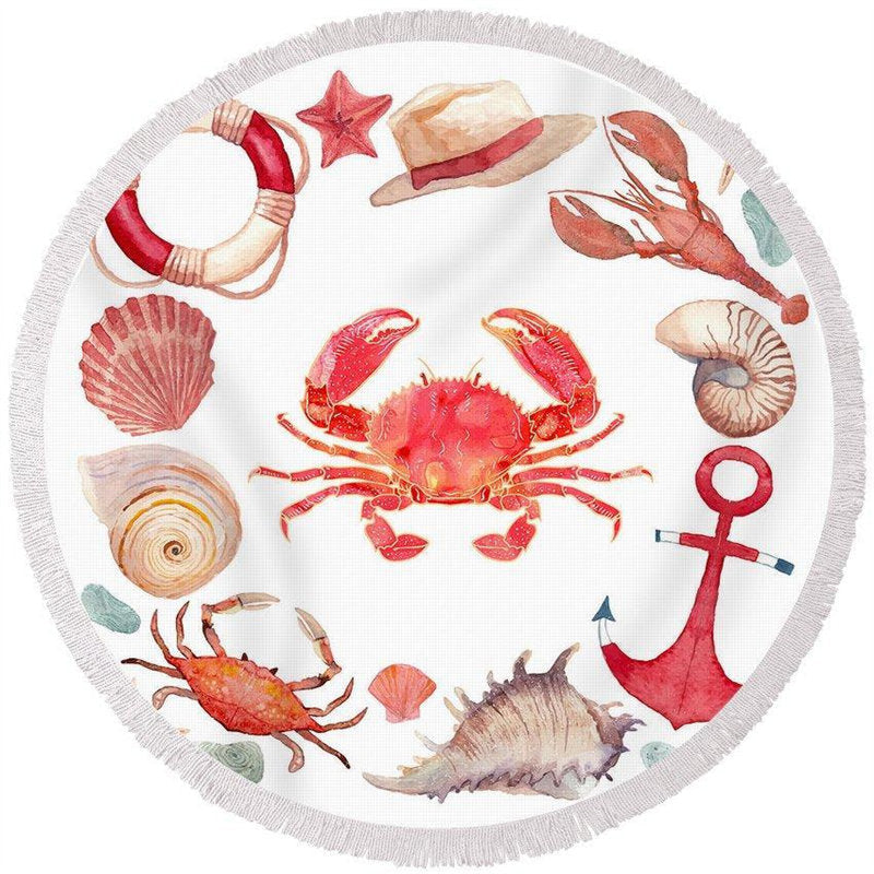 Lofaris Red Crab Conch Lobster Buoys Anchor Round Beach Towel