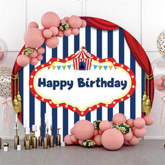 Lofaris Red Curtain Blue-White Stripe Birthday Round Backdrop