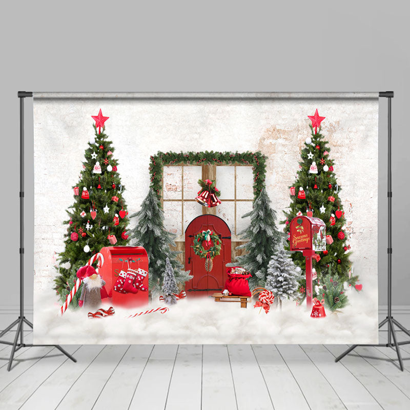 Lofaris Red Door And Christmas Green Tree White Backdrop For Party