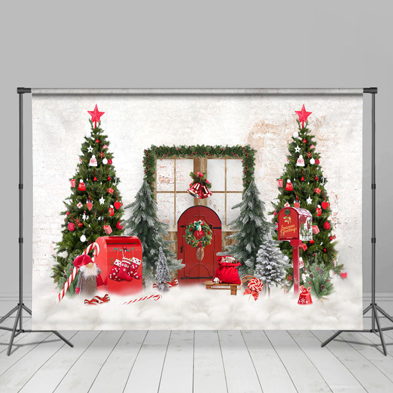 Lofaris Red Door And Christmas Green Tree White Backdrop For Party