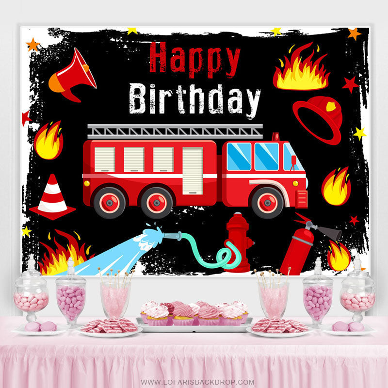 Red Fire Truck Black Birthday Backdrop Banner For Boy