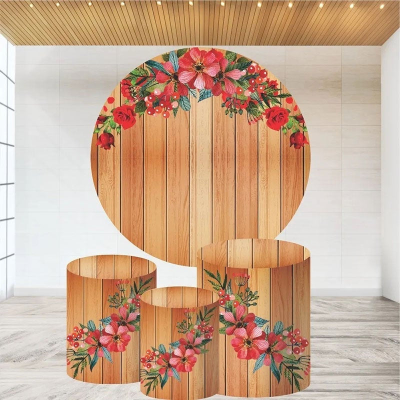 Lofaris Red Floral And Brown Wood Round Birthday Backdrop Kit