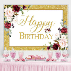 Lofaris Red Floral And Golden Glitter Happy Birthday Backdrop