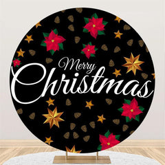 Lofaris Red Floral Gold Black Round Merry Chrismas Backdrop