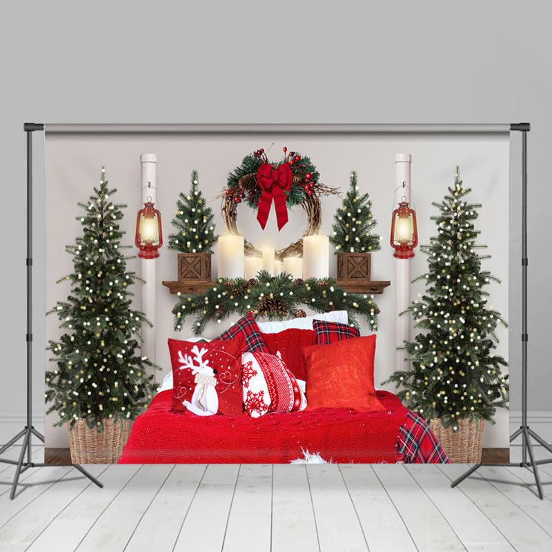 Lofaris Red Pillow Christmas Tree Lights Photo Backdrop for Family