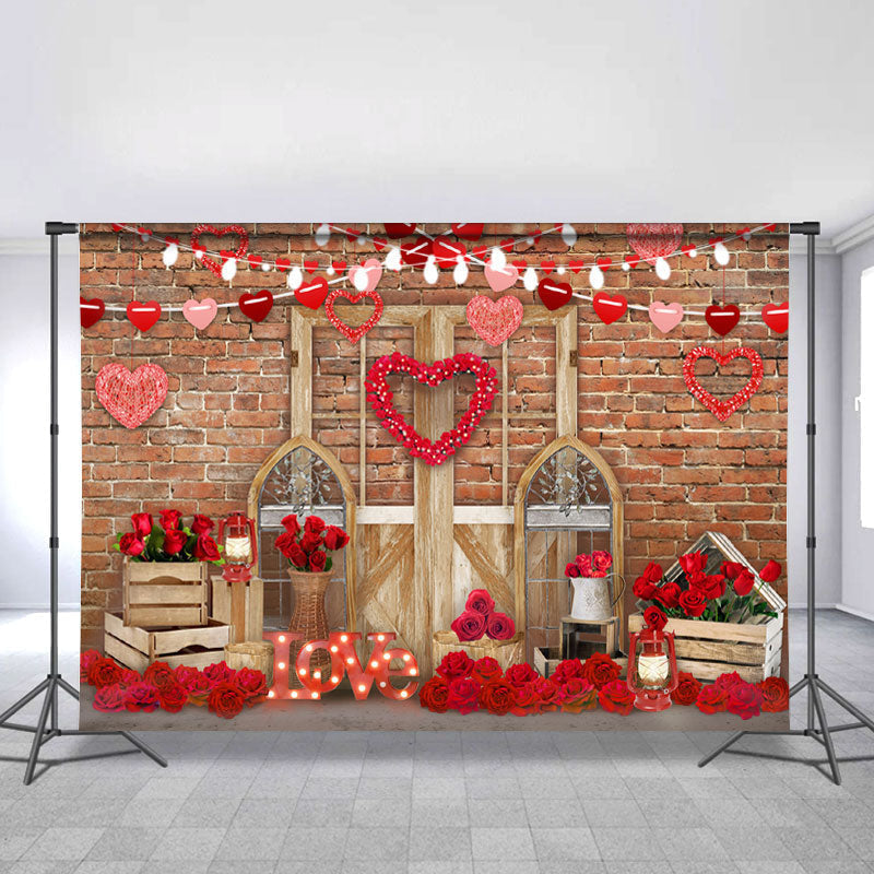 Lofaris Red Rose And Love With Light wood Door Brick Backdrop