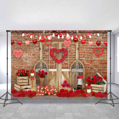 Lofaris Red Rose And Love With Light wood Door Brick Backdrop