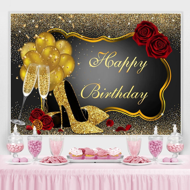 Red Rose Floral Glitter Gold Happy Birthday Backdrop – Lofaris