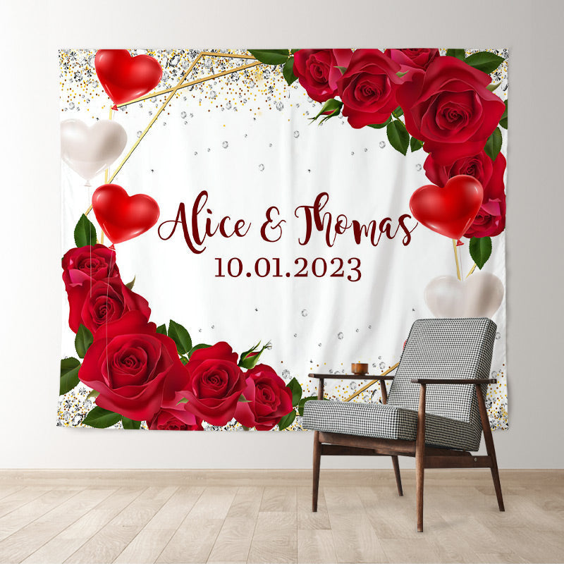 Lofaris Red Roses And Ballon Diamonds Glitter Wedding Backdrop