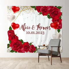 Lofaris Red Roses And Ballon Diamonds Glitter Wedding Backdrop