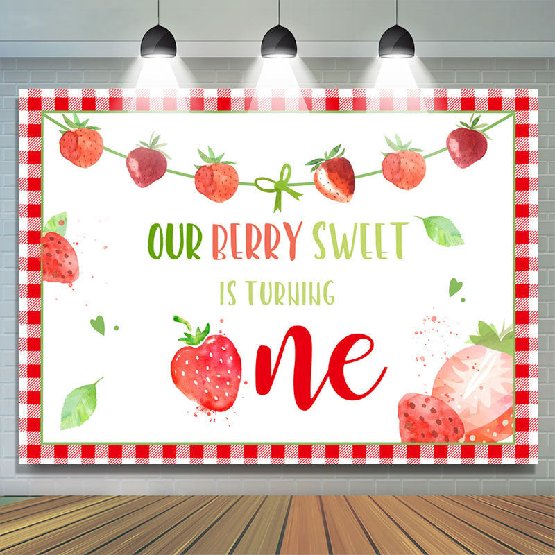 Lofaris Red Squares Lovely Strawberries 1st Birthday Backdrop