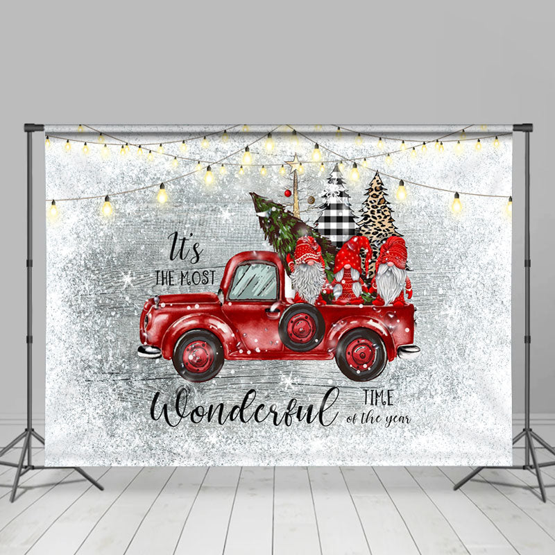 Lofaris Red Truck and Three Dwarfs Snow Christmas Backdrop