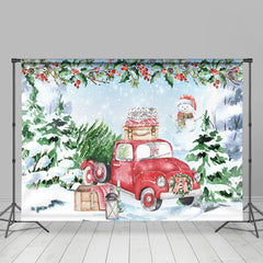 Lofaris Red Truck Green Pines And Snowman Winter Backdrops