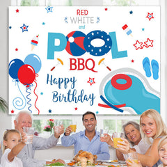 Lofaris Red White and Pool Bbq Balloon Happy Birthday Backdrop