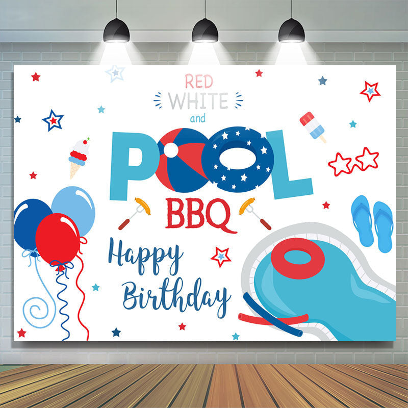 Lofaris Red White and Pool Bbq Balloon Happy Birthday Backdrop