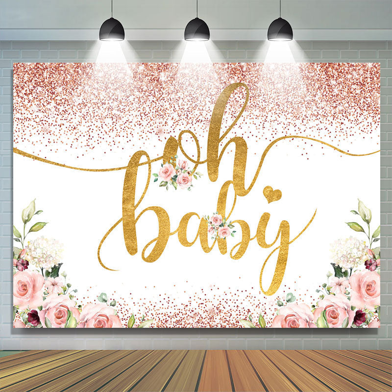 Lofaris Rose Golden Dots Glitter Floral Baby Shower Backdrop