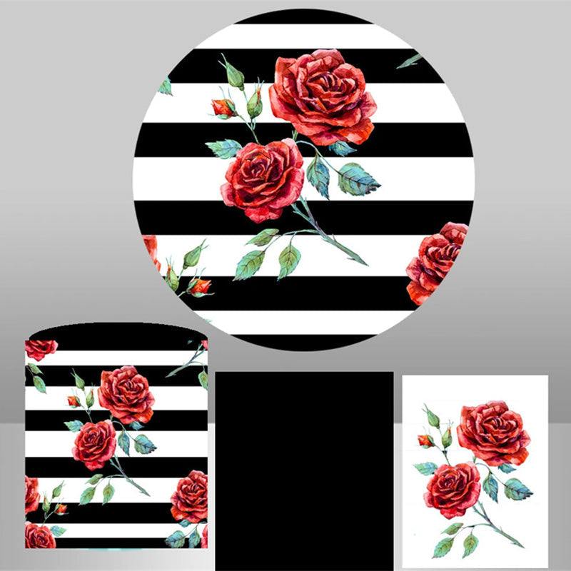 Lofaris Roses Black White Stripe Birthday Round Backdrop Kit