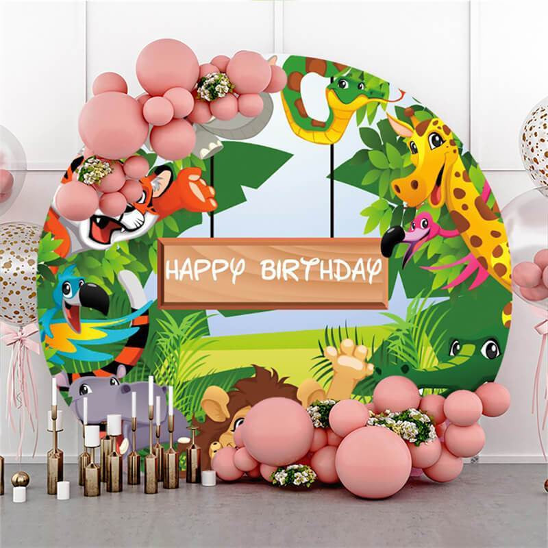 Lofaris Round Animals Green Leaves Happy Birthday Backdrop