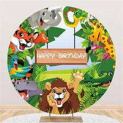 Lofaris Round Animals Green Leaves Happy Birthday Backdrop