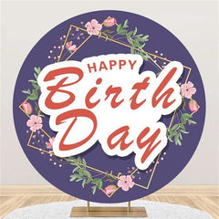 Lofaris Round Flower And Leaves Purple Happy Birthday Backdrop