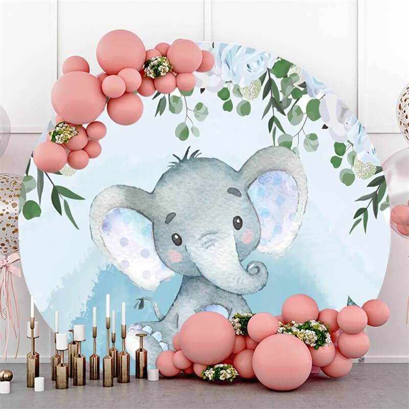 Lofaris Round Flower Elephant Blue Baby Shower Backdrop For Boy