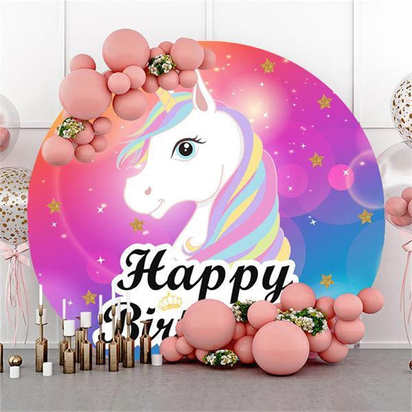 Lofaris Round Glitter Unicorn Happy Birthday Backdrop For Girl