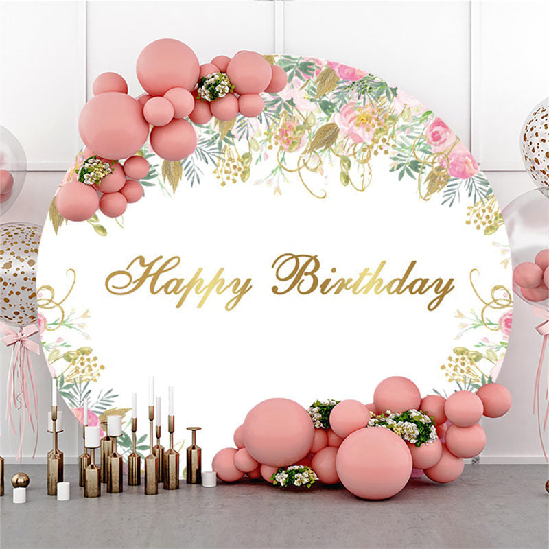 Lofaris Round Pink Flowers Golden Leaves Happy Birthday Backdrop