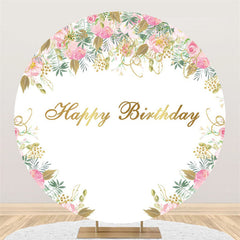 Lofaris Round Pink Flowers Golden Leaves Happy Birthday Backdrop