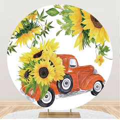 Lofaris Round Red Car Yellow Sunflower Happy Birthday Backdrop