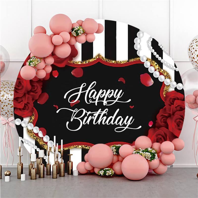 Lofaris Round Rose And White Pearl Happy Birthday Backdrop