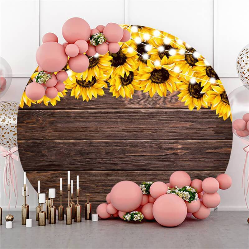 Lofaris Round Sunflower Glitter Wooden Happy Birthday Backdrop