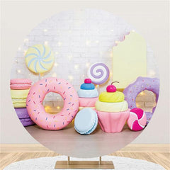 Lofaris Round White Brick And Dessert Happy Birthday Backdrop