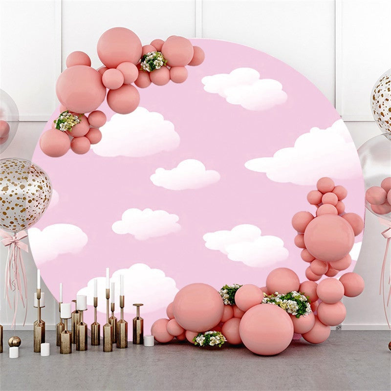 Lofaris Round White Cloud Pink Happy Birthday Backdrop For Girl