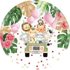 Lofaris Safari Animal Car Balloon Birthday Round Backdrops