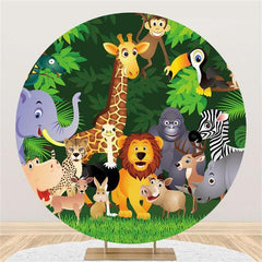 Lofaris Safari Green Jungle Forest Round Happy Birthday Backdrop