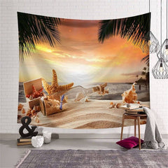 Lofaris Sand and Starfish Sunset Beach Holiday Wall Tapestry