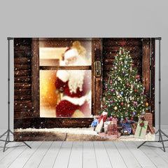 Lofaris Santa Claus And Christmas Tree Snowy Winter Backdrop