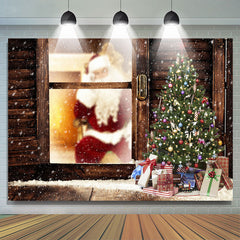 Lofaris Santa Claus And Christmas Tree Snowy Winter Backdrop