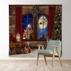 Lofaris Santa Claus With Gift Wood Window Moon Night Backdrop