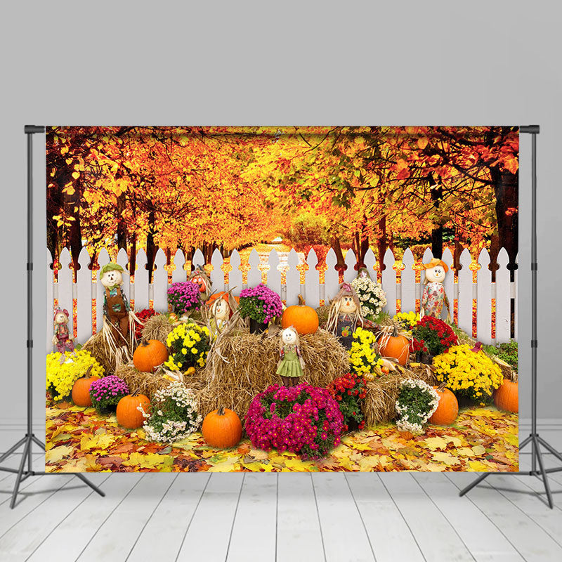 Scarecrows and Pumpkin Flowers Maple Autumn Backdrop – Lofaris