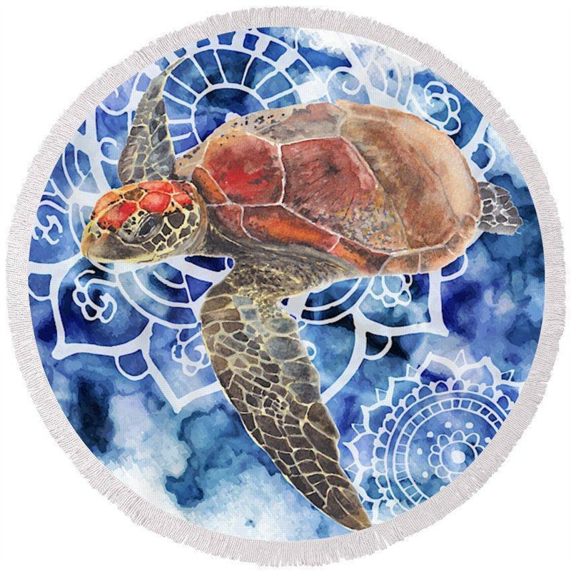 Lofaris Sea Turtle Round Mandala Beach Towel With Tassels