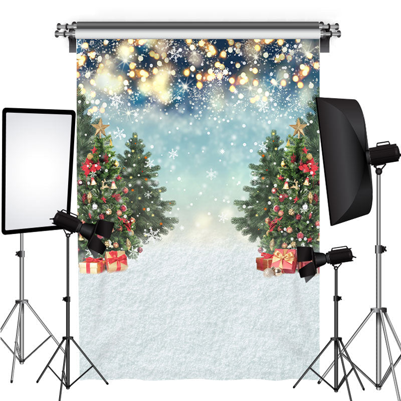 Lofaris Shiny Snow World with Christmas Tree and Gift Backdrop