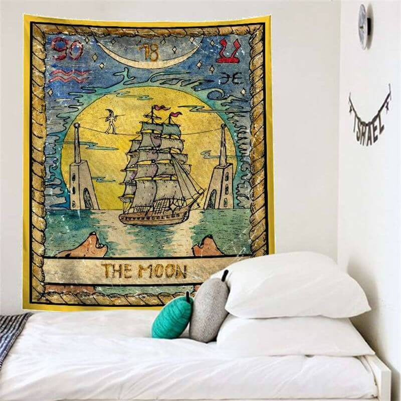 Lofaris Ship And Yellow Moon Fairytale Lake Novelty Wall Tapestry